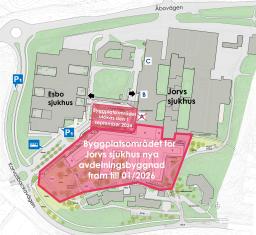 Jorvs sjukhus huvudentré (dörr A) och körrampen som leder till huvudentrén tas ur bruk den 1 september 2024. B-dörren ersätter ingången till sjukhuset.