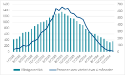 Tabell: Antalet patienter som väntar på neurokirurgisk operation per månad och patienter som väntat över 6 månader 1/2022-1/2025. Nu finnss det endast 13 patienter som väntat längre än vårdgarantin, då deras antal på hösten 2023 var över 600. Allt som allt väntar 346 patienter som omfattas av vårdgarantin på neurokirurgisk operation, då antalet i augusti 2023 var 1 350..